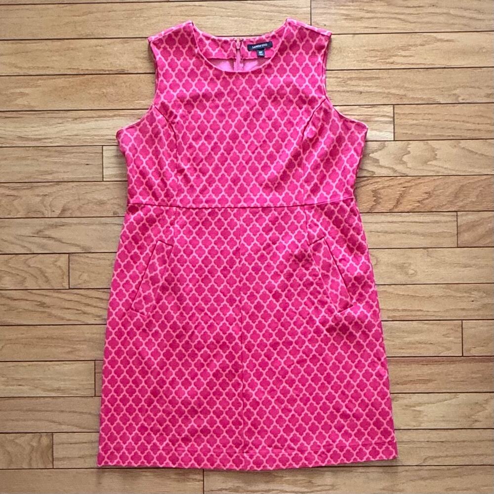 Lands End 16 petite Hot Pink Geometric Print Shift Dress Sleeveless Pockets